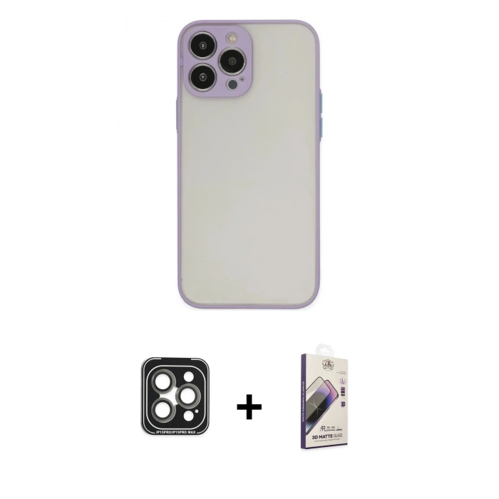 MARSİLYAN™- iPhone 15 Pro Max Kılıf Ahenk Çizgi Serisi - Siyah Bilvis 3D Mat Cam Ekran Koruyucu + PVD Metal Kamera Lens - GI