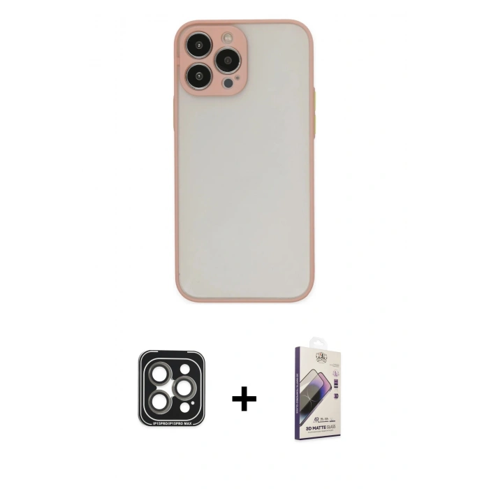MARSİLYAN™- iPhone 15 Pro Max Kılıf Ahenk Çizgi Serisi - Siyah Bilvis 3D Mat Cam Ekran Koruyucu + PVD Metal Kamera Lens - GI