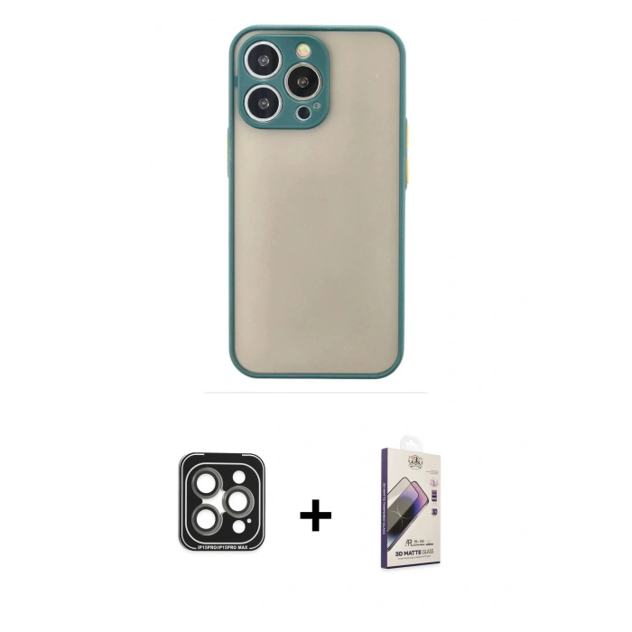 MARSİLYAN™- iPhone 15 Pro Max Kılıf Ahenk Çizgi Serisi - Siyah Bilvis 3D Mat Cam Ekran Koruyucu + PVD Metal Kamera Lens - GI