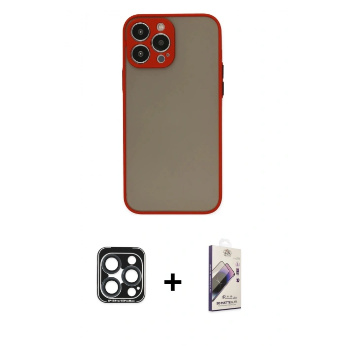 MARSİLYAN™- iPhone 15 Pro Max Kılıf Ahenk Çizgi Serisi - Siyah Bilvis 3D Mat Cam Ekran Koruyucu + PVD Metal Kamera Lens - LT