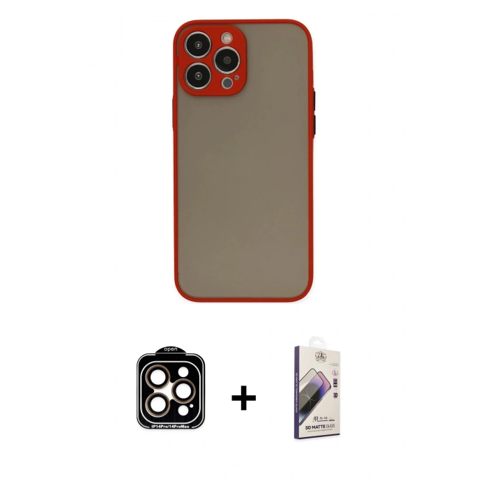 MARSİLYAN™- iPhone 15 Pro Max Kılıf Ahenk Çizgi Serisi - Siyah Bilvis 3D Mat Cam Ekran Koruyucu + PVD Metal Kamera Lens - TU