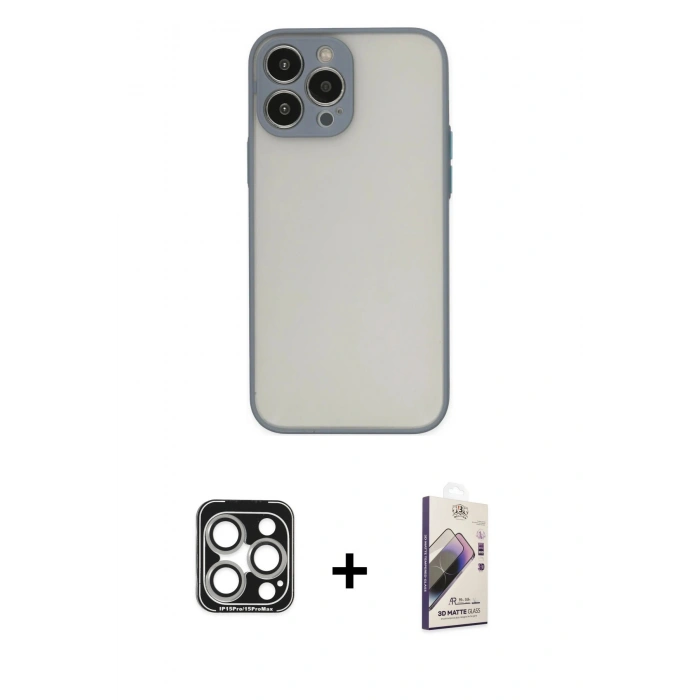 MARSİLYAN™- iPhone 15 Pro Max Kılıf Ahenk Çizgi Serisi - Siyah Bilvis 3D Mat Cam Ekran Koruyucu + PVD Metal Kamera Lens - GS