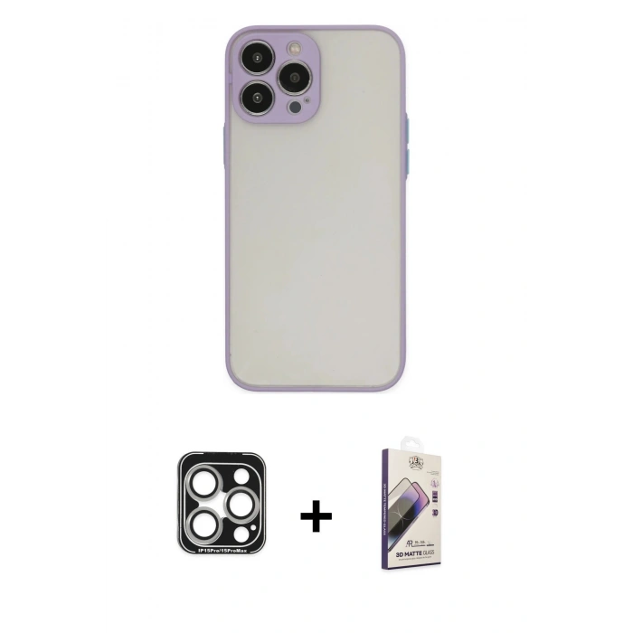MARSİLYAN™- iPhone 15 Pro Max Kılıf Ahenk Çizgi Serisi - Siyah Bilvis 3D Mat Cam Ekran Koruyucu + PVD Metal Kamera Lens - GS