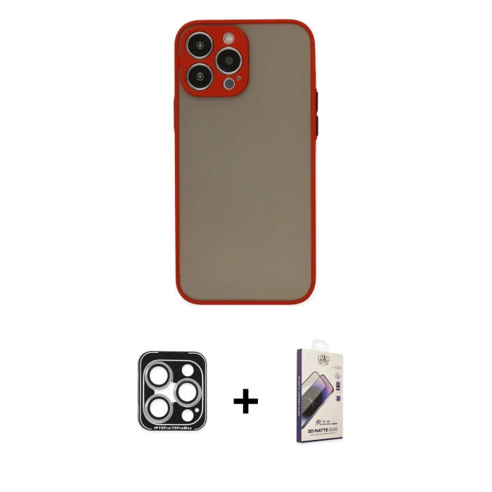 MARSİLYAN™- iPhone 15 Pro Max Kılıf Ahenk Çizgi Serisi - Siyah Bilvis 3D Mat Cam Ekran Koruyucu + PVD Metal Kamera Lens - GS