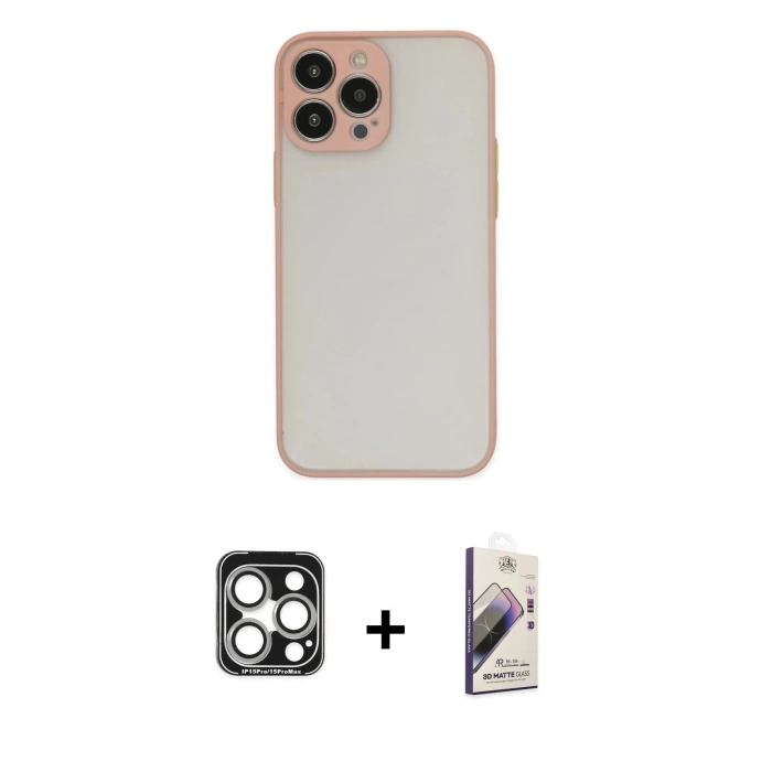MARSİLYAN™- iPhone 15 Pro Max Kılıf Ahenk Çizgi Serisi - Siyah Bilvis 3D Mat Cam Ekran Koruyucu + PVD Metal Kamera Lens - GS