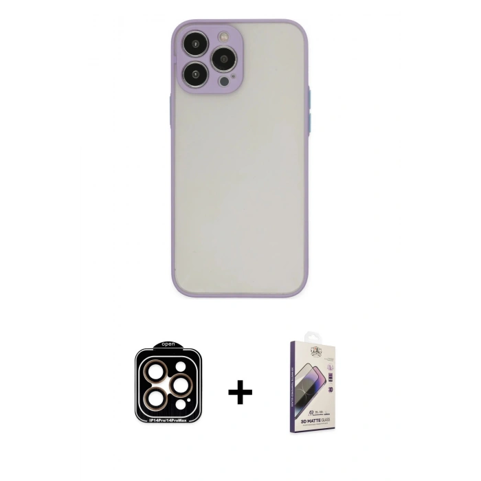 MARSİLYAN™- iPhone 15 Pro Max Kılıf Ahenk Çizgi Serisi - Siyah Bilvis 3D Mat Cam Ekran Koruyucu + PVD Metal Kamera Lens - TU