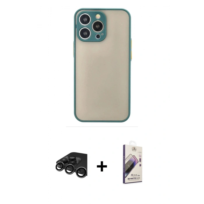 MARSİLYAN™- iPhone 15 Pro Max Kılıf Ahenk Çizgi Serisi - Siyah Bilvis 3D Mat Cam Ekran Koruyucu + Raze Metal Kamera Lens - TMGI