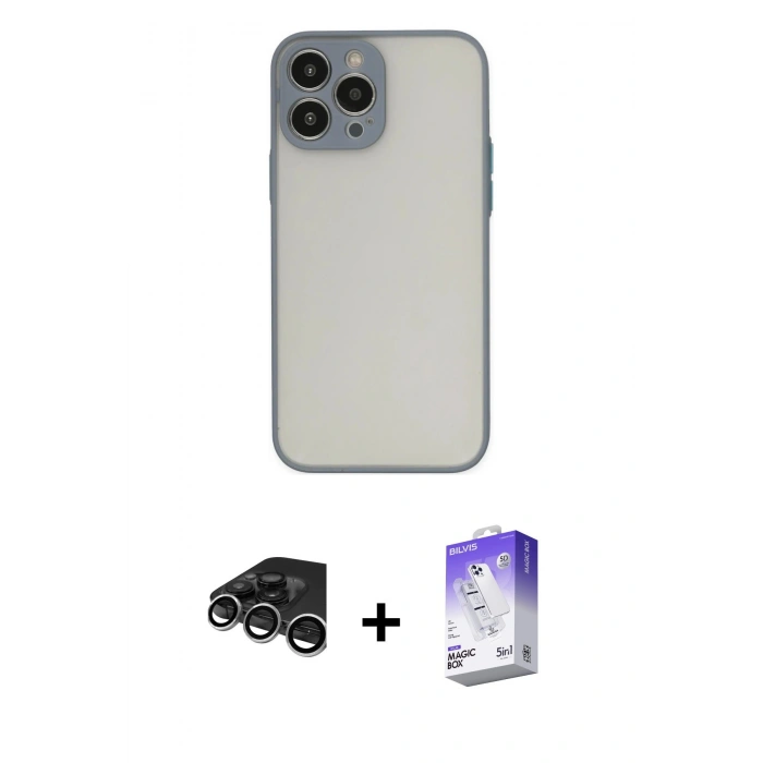 MARSİLYAN™- iPhone 15 Pro Max Kılıf Ahenk Çizgi Serisi - Siyah Bilvis 5in1 3D Magic Cam Ekran Koruyucu + Gümüş Raze Metal Kamera Lens
