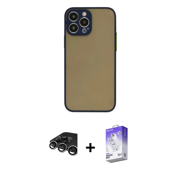 MARSİLYAN™- iPhone 15 Pro Max Kılıf Ahenk Çizgi Serisi - Siyah Bilvis 5in1 3D Magic Cam Ekran Koruyucu + Gümüş Raze Metal Kamera Lens