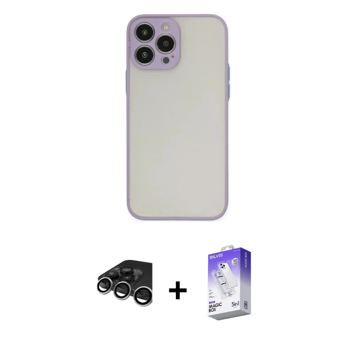 MARSİLYAN™- iPhone 15 Pro Max Kılıf Ahenk Çizgi Serisi - Siyah Bilvis 5in1 3D Magic Cam Ekran Koruyucu + Gümüş Raze Metal Kamera Lens