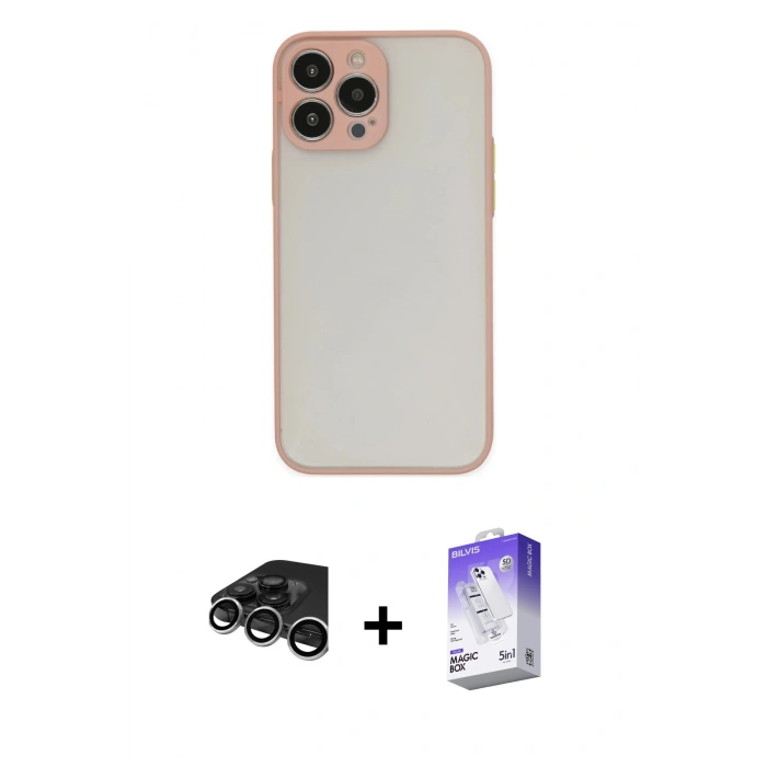 MARSİLYAN™- iPhone 15 Pro Max Kılıf Ahenk Çizgi Serisi - Siyah Bilvis 5in1 3D Magic Cam Ekran Koruyucu + Gümüş Raze Metal Kamera Lens