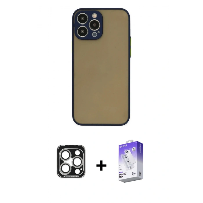 MARSİLYAN™- iPhone 15 Pro Max Kılıf Ahenk Çizgi Serisi - Siyah Bilvis 5in1 3D Magic Cam Ekran Koruyucu + PVD Metal Kamera Lens - GS