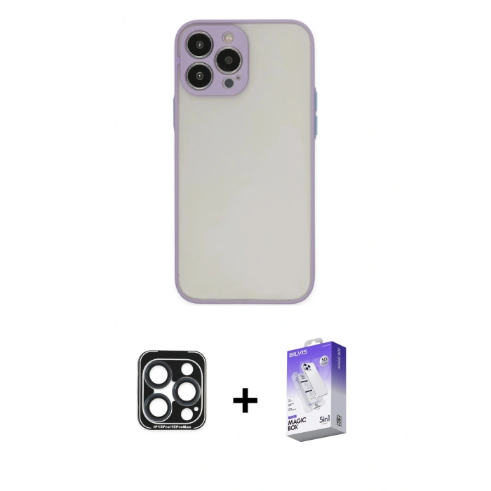 MARSİLYAN™- iPhone 15 Pro Max Kılıf Ahenk Çizgi Serisi - Siyah Bilvis 5in1 3D Magic Cam Ekran Koruyucu + PVD Metal Kamera Lens - LT