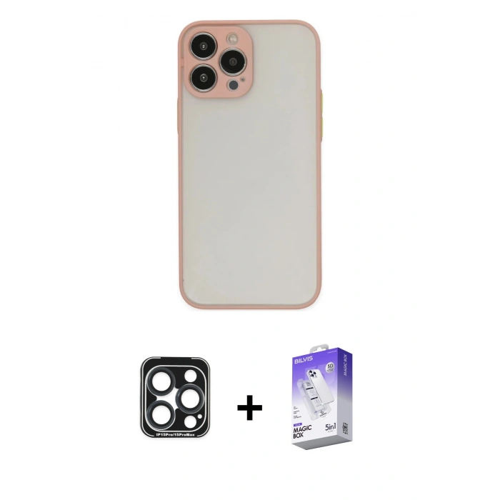MARSİLYAN™- iPhone 15 Pro Max Kılıf Ahenk Çizgi Serisi - Siyah Bilvis 5in1 3D Magic Cam Ekran Koruyucu + PVD Metal Kamera Lens - LT