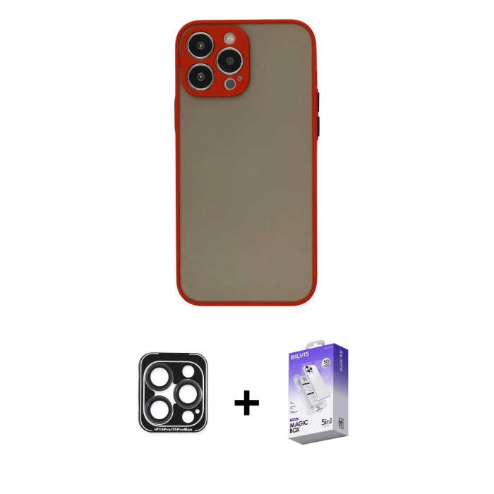 MARSİLYAN™- iPhone 15 Pro Max Kılıf Ahenk Çizgi Serisi - Siyah Bilvis 5in1 3D Magic Cam Ekran Koruyucu + PVD Metal Kamera Lens - LT