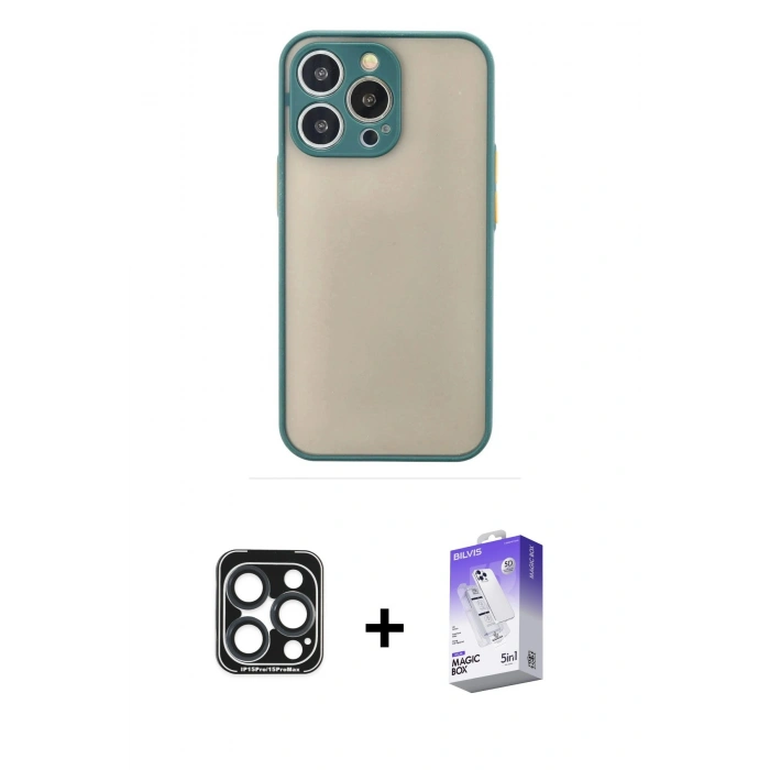 MARSİLYAN™- iPhone 15 Pro Max Kılıf Ahenk Çizgi Serisi - Siyah Bilvis 5in1 3D Magic Cam Ekran Koruyucu + PVD Metal Kamera Lens - LT