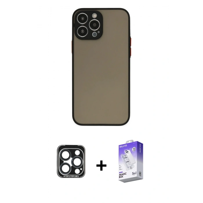 MARSİLYAN™- iPhone 15 Pro Max Kılıf Ahenk Çizgi Serisi - Siyah Bilvis 5in1 3D Magic Cam Ekran Koruyucu + PVD Metal Kamera Lens - LT