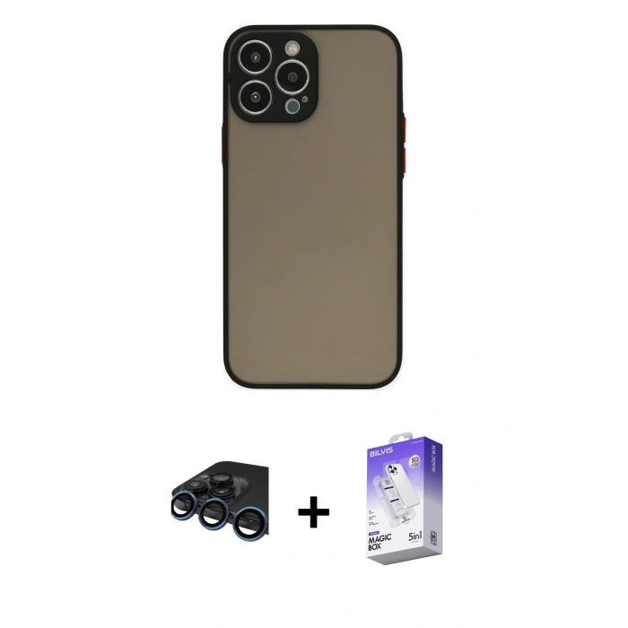 MARSİLYAN™- iPhone 15 Pro Max Kılıf Ahenk Çizgi Serisi - Siyah Bilvis 5in1 3D Magic Cam Ekran Koruyucu + Raze Metal Kamera Lens - LT