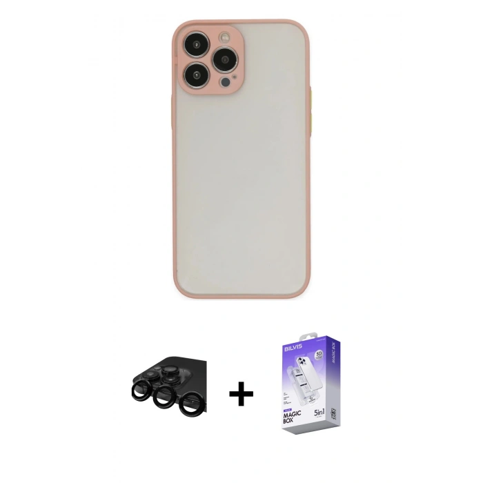 MARSİLYAN™- iPhone 15 Pro Max Kılıf Ahenk Çizgi Serisi - Siyah Bilvis 5in1 3D Magic Cam Ekran Koruyucu + Raze Metal Kamera Lens - SH