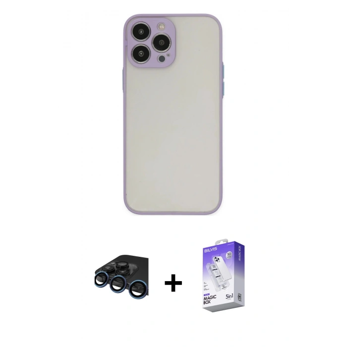 MARSİLYAN™- iPhone 15 Pro Max Kılıf Ahenk Çizgi Serisi - Siyah Bilvis 5in1 3D Magic Cam Ekran Koruyucu + Raze Metal Kamera Lens - LT