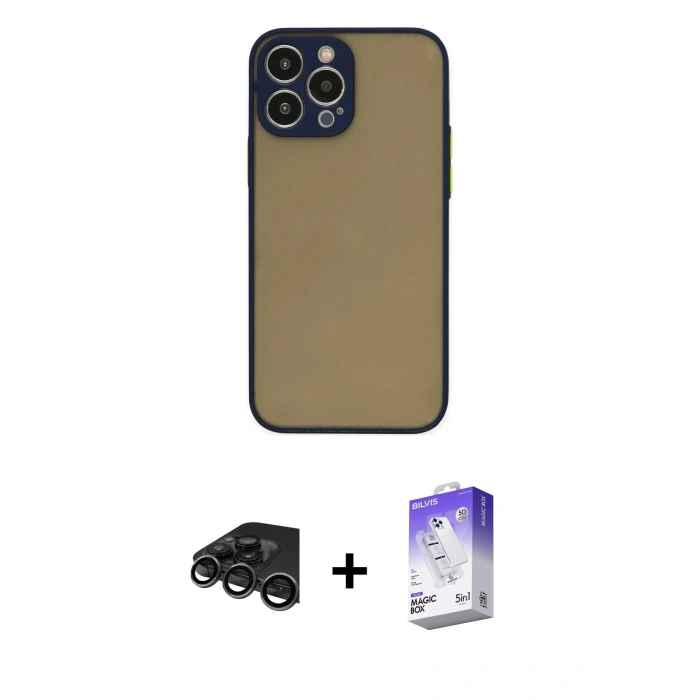 MARSİLYAN™- iPhone 15 Pro Max Kılıf Ahenk Çizgi Serisi - Siyah Bilvis 5in1 3D Magic Cam Ekran Koruyucu + Raze Metal Kamera Lens - TMGI