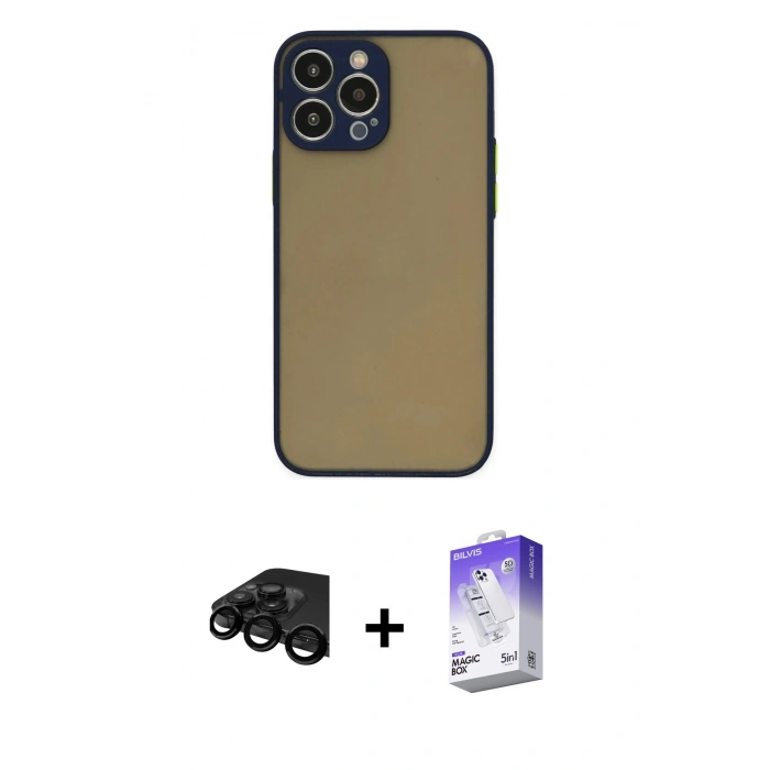 MARSİLYAN™- iPhone 15 Pro Max Kılıf Ahenk Çizgi Serisi - Siyah Bilvis 5in1 3D Magic Cam Ekran Koruyucu + Raze Metal Kamera Lens - SH
