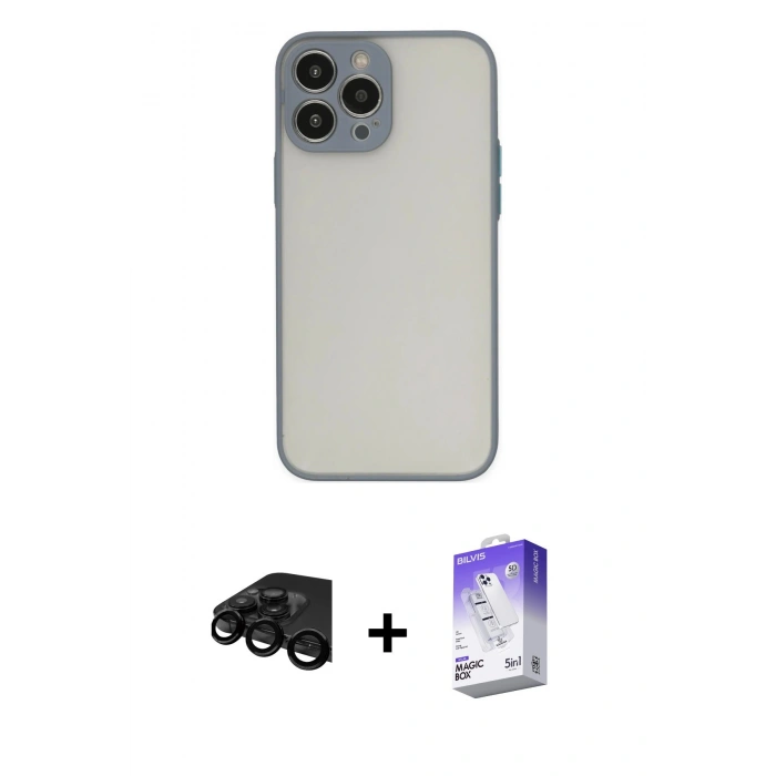 MARSİLYAN™- iPhone 15 Pro Max Kılıf Ahenk Çizgi Serisi - Siyah Bilvis 5in1 3D Magic Cam Ekran Koruyucu + Raze Metal Kamera Lens - SH
