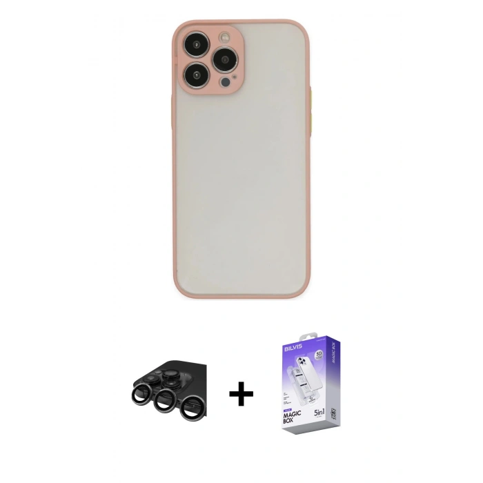 MARSİLYAN™- iPhone 15 Pro Max Kılıf Ahenk Çizgi Serisi - Siyah Bilvis 5in1 3D Magic Cam Ekran Koruyucu + Raze Metal Kamera Lens - TMGI