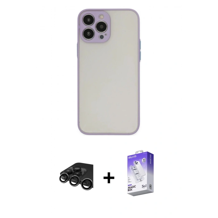 MARSİLYAN™- iPhone 15 Pro Max Kılıf Ahenk Çizgi Serisi - Siyah Bilvis 5in1 3D Magic Cam Ekran Koruyucu + Raze Metal Kamera Lens - TMGI