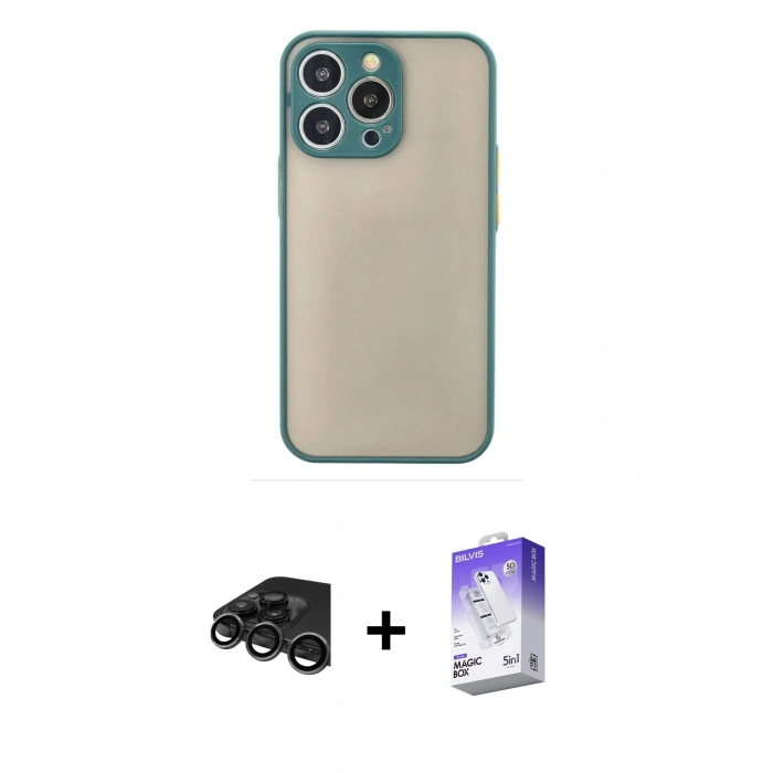 MARSİLYAN™- iPhone 15 Pro Max Kılıf Ahenk Çizgi Serisi - Siyah Bilvis 5in1 3D Magic Cam Ekran Koruyucu + Raze Metal Kamera Lens - TMGI