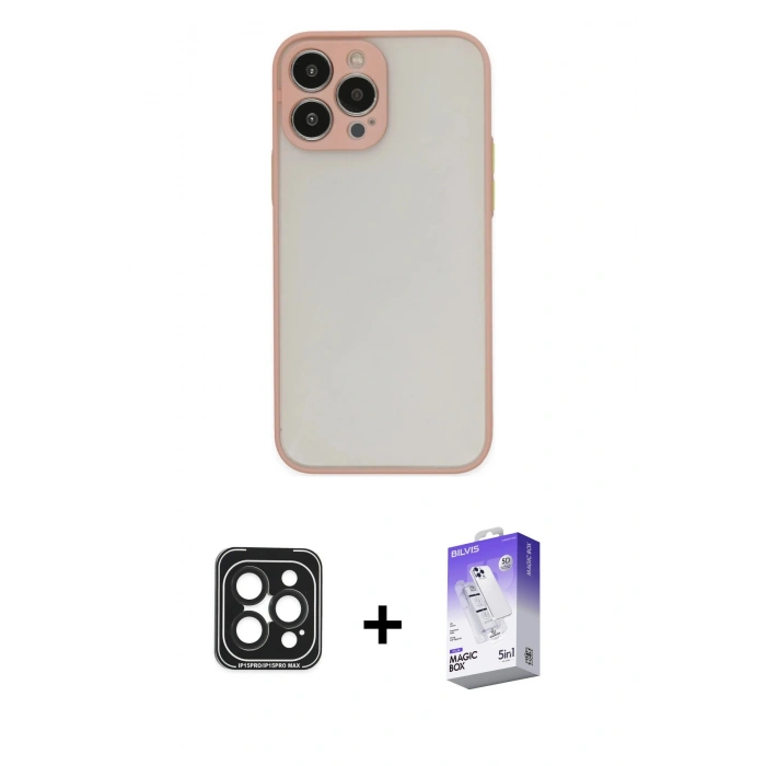 MARSİLYAN™- iPhone 15 Pro Max Kılıf Ahenk Çizgi Serisi - Siyah Bilvis 5in1 3D Magic Cam Ekran Koruyucu + Siyah PVD Metal Kamera Lens