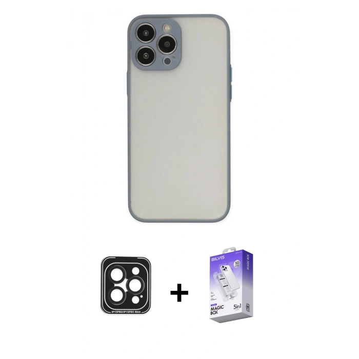 MARSİLYAN™- iPhone 15 Pro Max Kılıf Ahenk Çizgi Serisi - Siyah Bilvis 5in1 3D Magic Cam Ekran Koruyucu + Siyah PVD Metal Kamera Lens