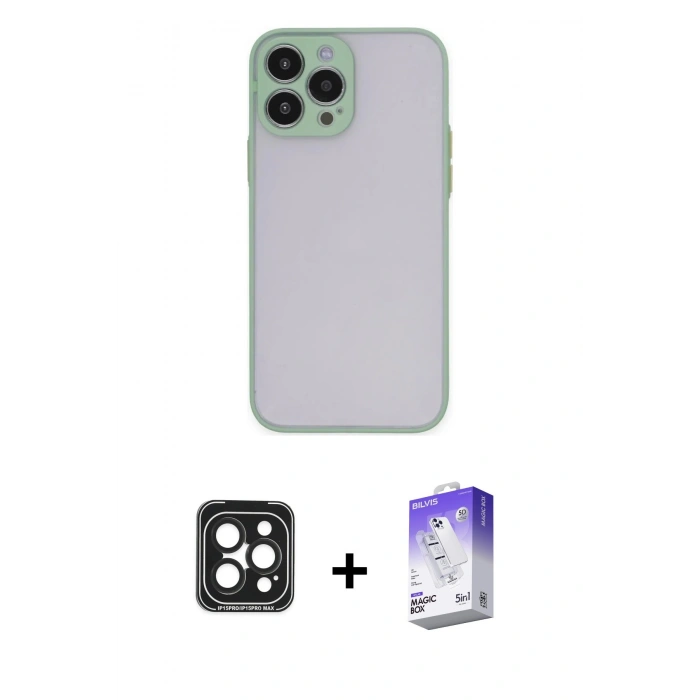 MARSİLYAN™- iPhone 15 Pro Max Kılıf Ahenk Çizgi Serisi - Siyah Bilvis 5in1 3D Magic Cam Ekran Koruyucu + Siyah PVD Metal Kamera Lens