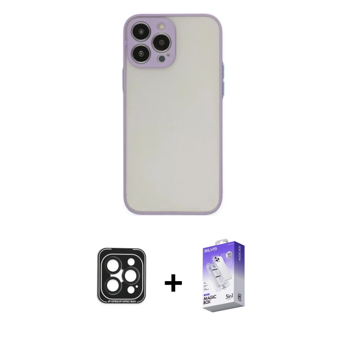 MARSİLYAN™- iPhone 15 Pro Max Kılıf Ahenk Çizgi Serisi - Siyah Bilvis 5in1 3D Magic Cam Ekran Koruyucu + Siyah PVD Metal Kamera Lens