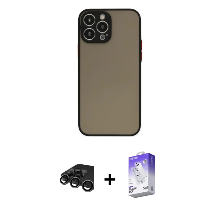 MARSİLYAN™- iPhone 15 Pro Max Kılıf Ahenk Çizgi Serisi - Siyah Bilvis 5in1 3D Magic Cam Ekran Koruyucu + Raze Metal Kamera Lens - TMGI