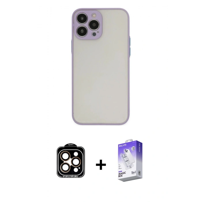 MARSİLYAN™- iPhone 15 Pro Max Kılıf Ahenk Çizgi Serisi - Siyah Bilvis 5in1 3D Magic Cam Ekran Koruyucu + PVD Metal Kamera Lens - TU