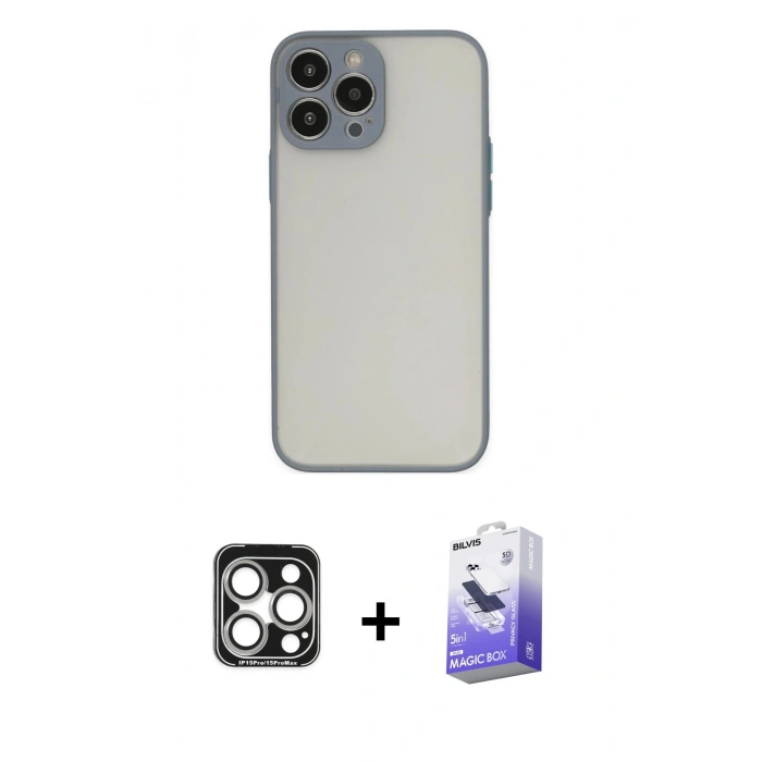 MARSİLYAN™- iPhone 15 Pro Max Kılıf Ahenk Çizgi Serisi - Siyah Bilvis 5in1 5D Magic Hayalet Cam Ekran Koruyucu + PVD Metal Kamera Lens - GS