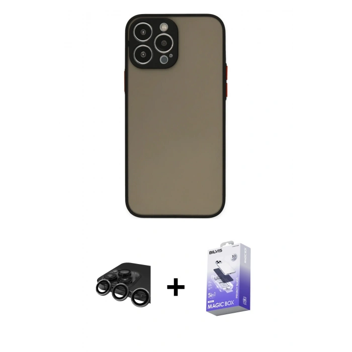 MARSİLYAN™- iPhone 15 Pro Max Kılıf Ahenk Çizgi Serisi - Siyah Bilvis 5in1 5D Magic Hayalet Cam Ekran Koruyucu + Raze Metal Kamera Lens - TMGI