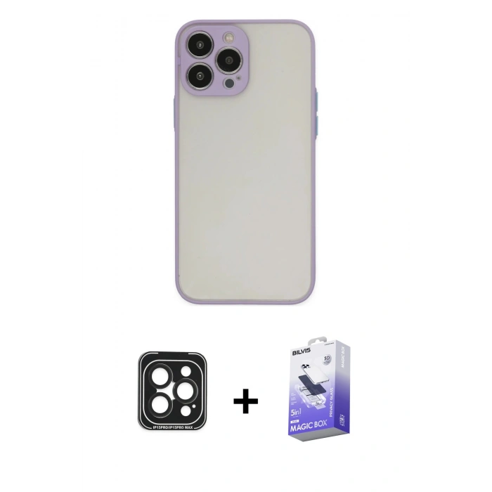 MARSİLYAN™- iPhone 15 Pro Max Kılıf Ahenk Çizgi Serisi - Siyah Bilvis 5in1 5D Magic Hayalet Cam Ekran Koruyucu + PVD Metal Kamera Lens - SH