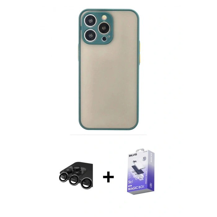MARSİLYAN™- iPhone 15 Pro Max Kılıf Ahenk Çizgi Serisi - Siyah Bilvis 5in1 5D Magic Hayalet Cam Ekran Koruyucu + Raze Metal Kamera Lens - TMGI