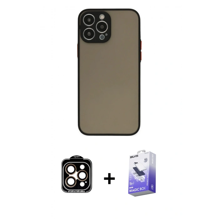 MARSİLYAN™- iPhone 15 Pro Max Kılıf Ahenk Çizgi Serisi - Siyah Bilvis 5in1 5D Magic Hayalet Cam Ekran Koruyucu + PVD Metal Kamera Lens - TU