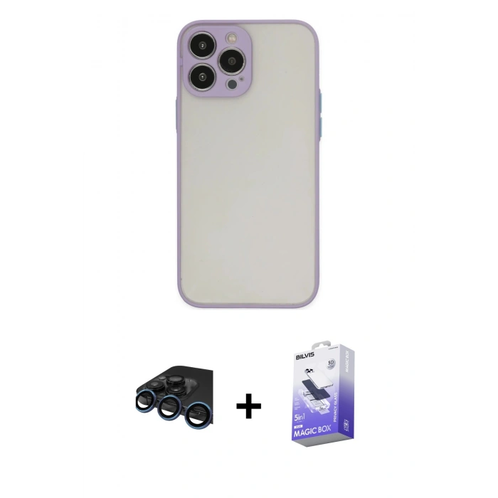 MARSİLYAN™- iPhone 15 Pro Max Kılıf Ahenk Çizgi Serisi - Siyah Bilvis 5in1 5D Magic Hayalet Cam Ekran Koruyucu + Raze Metal Kamera Lens - LT