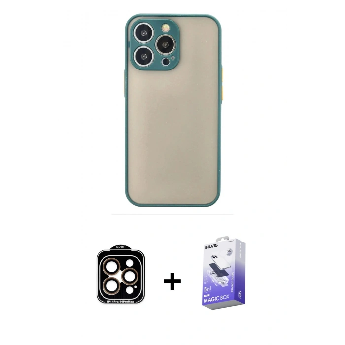MARSİLYAN™- iPhone 15 Pro Max Kılıf Ahenk Çizgi Serisi - Siyah Bilvis 5in1 5D Magic Hayalet Cam Ekran Koruyucu + PVD Metal Kamera Lens - TU