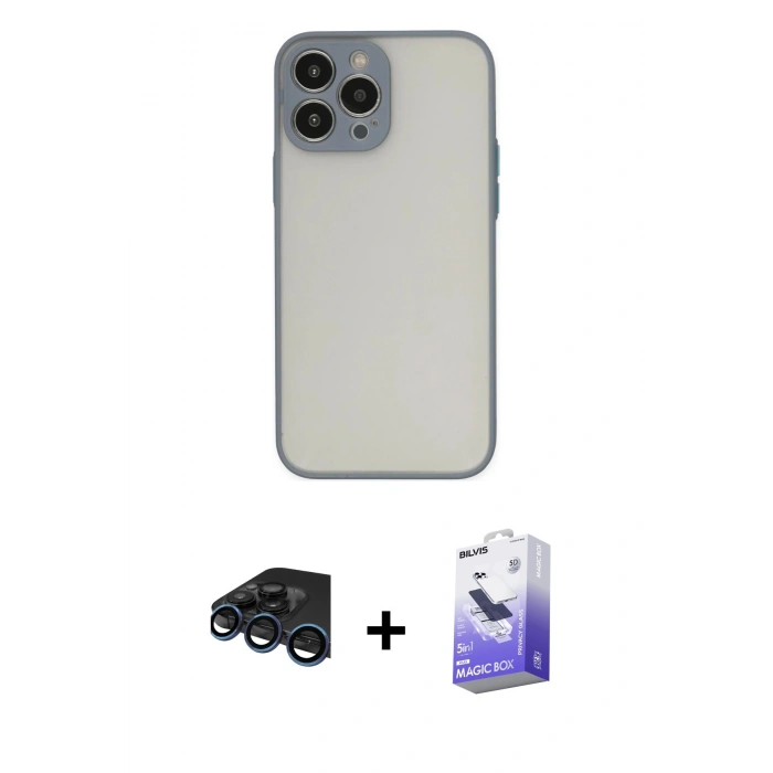 MARSİLYAN™- iPhone 15 Pro Max Kılıf Ahenk Çizgi Serisi - Siyah Bilvis 5in1 5D Magic Hayalet Cam Ekran Koruyucu + Raze Metal Kamera Lens - LT