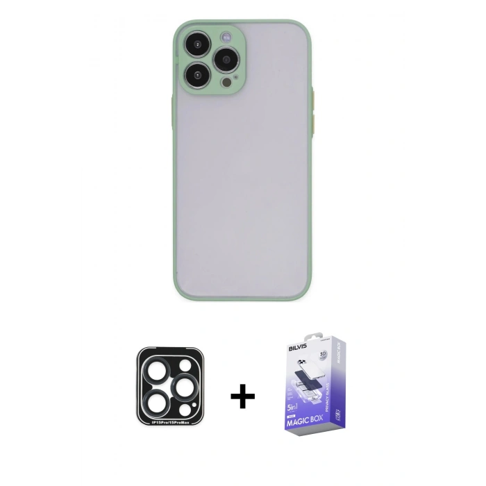 MARSİLYAN™- iPhone 15 Pro Max Kılıf Ahenk Çizgi Serisi - Siyah Bilvis 5in1 5D Magic Hayalet Cam Ekran Koruyucu + Lacivert PVD Metal Kamera Lens
