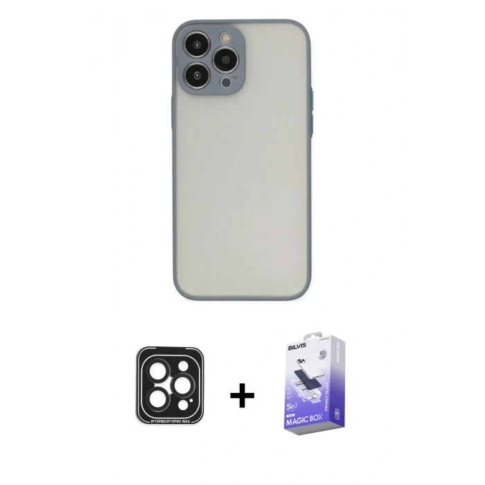 MARSİLYAN™- iPhone 15 Pro Max Kılıf Ahenk Çizgi Serisi - Siyah Bilvis 5in1 5D Magic Hayalet Cam Ekran Koruyucu + PVD Metal Kamera Lens - SH