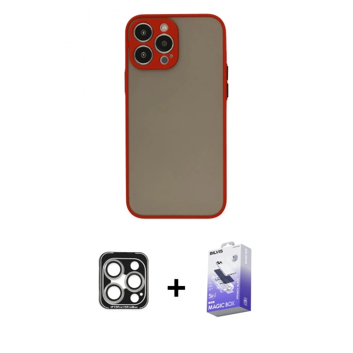 MARSİLYAN™- iPhone 15 Pro Max Kılıf Ahenk Çizgi Serisi - Siyah Bilvis 5in1 5D Magic Hayalet Cam Ekran Koruyucu + PVD Metal Kamera Lens - GS