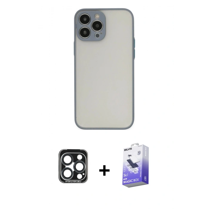 MARSİLYAN™- iPhone 15 Pro Max Kılıf Ahenk Çizgi Serisi - Siyah Bilvis 5in1 5D Magic Hayalet Cam Ekran Koruyucu + Lacivert PVD Metal Kamera Lens