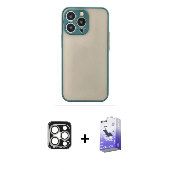 MARSİLYAN™- iPhone 15 Pro Max Kılıf Ahenk Çizgi Serisi - Siyah Bilvis 5in1 5D Magic Hayalet Cam Ekran Koruyucu + PVD Metal Kamera Lens - GS