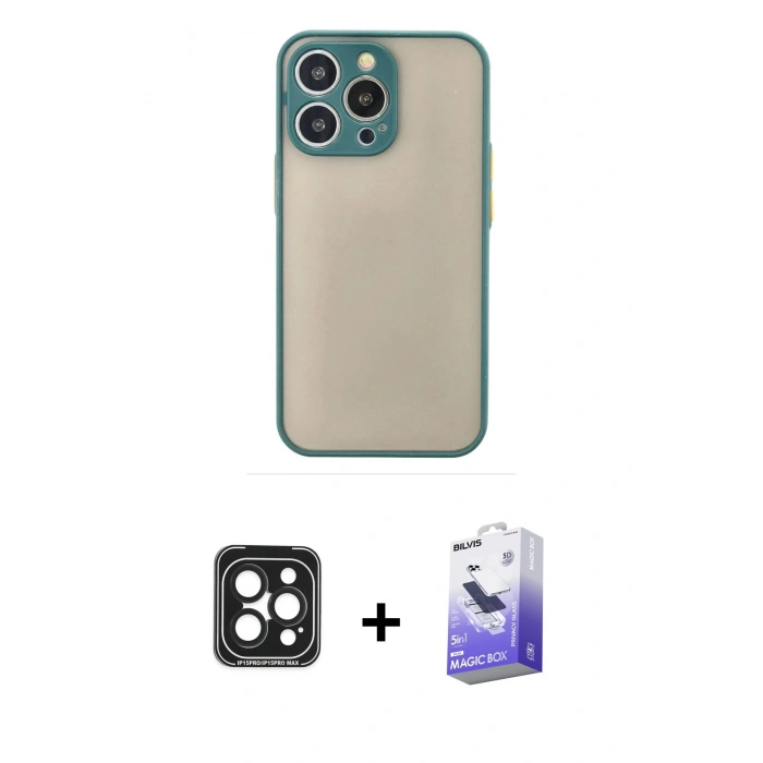 MARSİLYAN™- iPhone 15 Pro Max Kılıf Ahenk Çizgi Serisi - Siyah Bilvis 5in1 5D Magic Hayalet Cam Ekran Koruyucu + PVD Metal Kamera Lens - SH